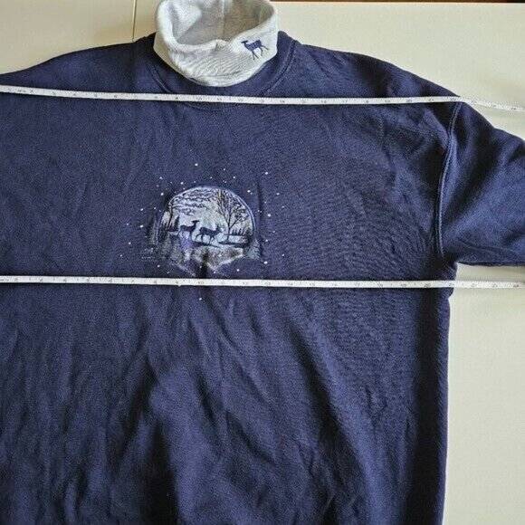 Artisans Top Womens L Navy USA Made XMas Embroidery Print Turtleneck LS FLAW VTG - Picture 4 of 15